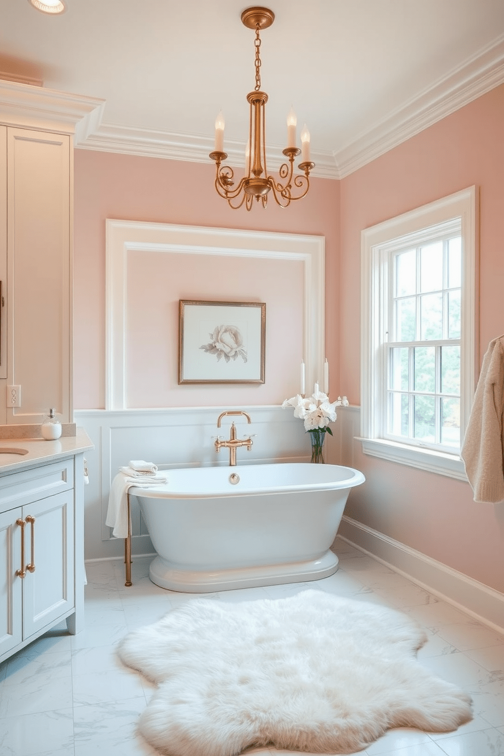 A serene bathroom atmosphere exudes romance with soft blush walls that create a warm and inviting space. The delicate hue pairs beautifully with white cabinetry and brushed gold fixtures, enhancing the overall elegance of the design. The bathroom features a freestanding soaking tub positioned beneath a large window, allowing natural light to flood the room. Elegant accessories, such as a plush rug and scented candles, add to the tranquil ambiance while offering a perfect retreat.