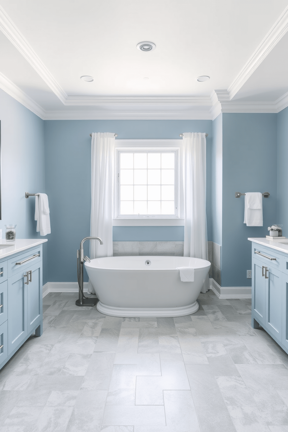 A serene bathroom retreat inspired by ocean blue hues. The walls are painted in a soft ocean blue, creating a calming atmosphere, while the ceiling features crisp white to enhance the light. The flooring consists of light gray tiles that complement the blue tones. Elegant fixtures in brushed nickel add a modern touch, and a large soaking tub is positioned under a window with sheer white curtains.