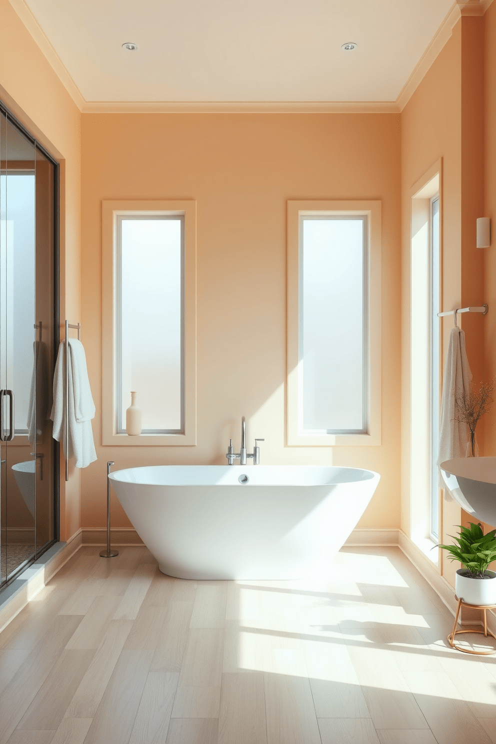 A serene bathroom setting featuring light peach walls that create a soft and inviting glow. The space includes elegant fixtures and a modern freestanding tub, complemented by natural light streaming through frosted glass windows. The floor is adorned with light wood tiles, enhancing the warmth of the color palette. Minimalist decor elements, such as a sleek towel rack and potted greenery, add a touch of freshness and tranquility.