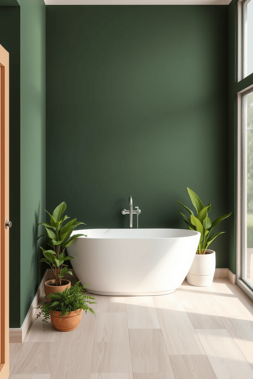 A serene bathroom setting inspired by nature. The walls are painted in a deep forest green, creating a calming atmosphere that connects with the outdoors. The flooring features light wood tiles that contrast beautifully with the rich wall color. A sleek white freestanding bathtub sits in the center, surrounded by potted plants for a fresh touch.