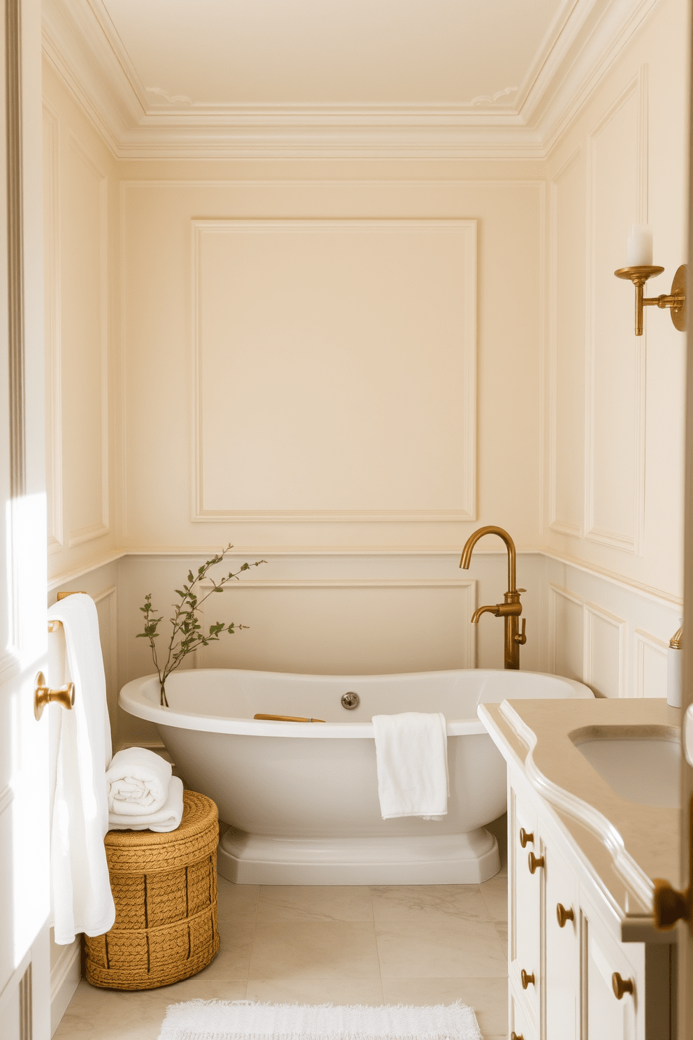 A creamy ivory bathroom exudes timeless elegance with its soft and inviting hue. The walls are adorned in creamy ivory paint, creating a serene backdrop that enhances the natural light flowing through the space. A freestanding soaking tub sits gracefully in the corner, surrounded by plush white towels and a delicate plant. Elegant brass fixtures complement the creamy ivory, adding a touch of sophistication to the overall design.