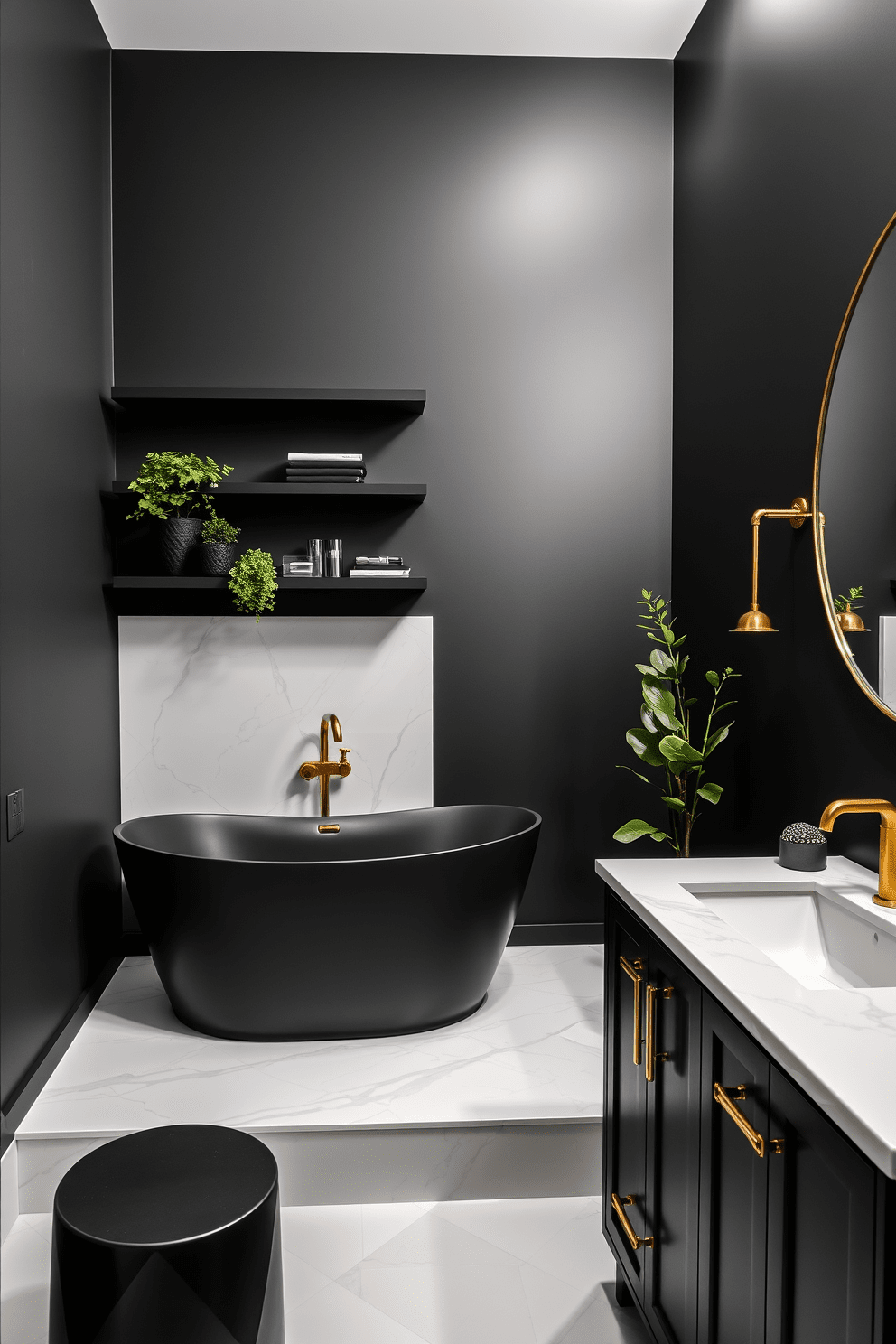 A chic bathroom setting featuring bold black accents. The walls are painted in a deep matte black, creating a dramatic backdrop for the space. A sleek freestanding bathtub with gold fixtures takes center stage. Surrounding the tub, elegant white marble tiles contrast beautifully against the black walls. Floating black shelves hold stylish decor and lush greenery. A large round mirror with a thin gold frame reflects the sophisticated ambiance of the room. The vanity is a striking black with a white countertop, complemented by modern gold hardware. Soft, ambient lighting illuminates the space, enhancing the luxurious feel.