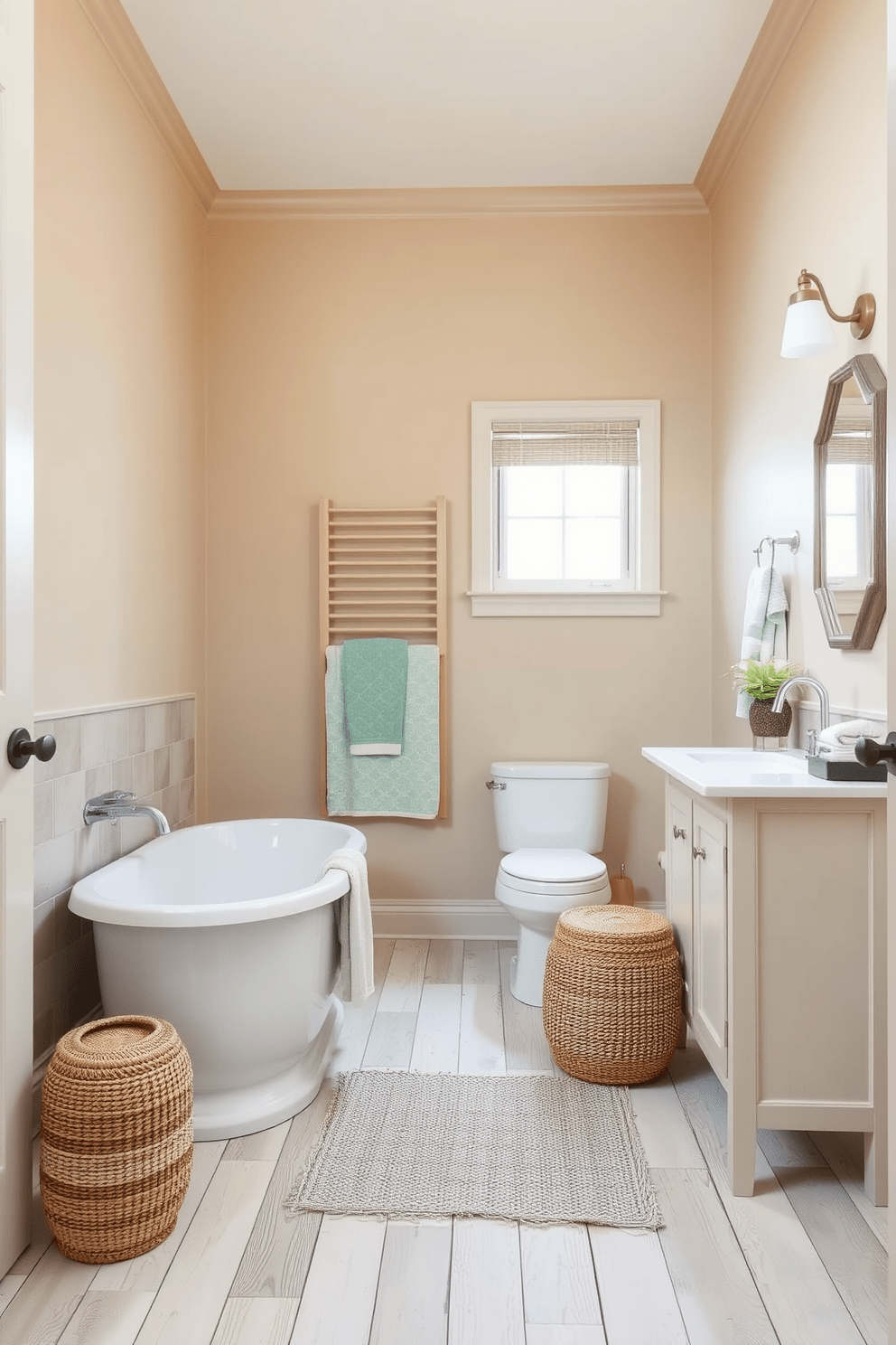 A serene bathroom oasis inspired by warm sand tones. The walls are painted in a soft beige hue, creating a cozy and inviting atmosphere. The floor features light wooden planks that evoke a beachside retreat. Accents of seafoam green and soft white are incorporated through towels and decor, enhancing the coastal feel.