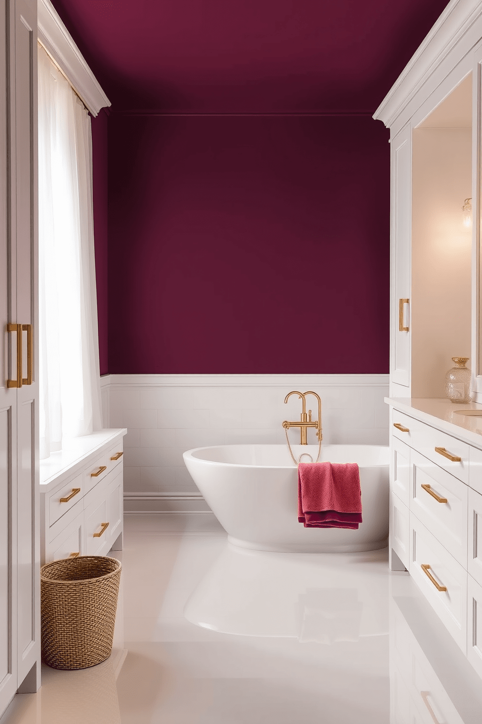 Elegant Plum for a rich atmosphere. The walls are painted in a deep plum shade that creates a warm and inviting ambiance. White cabinetry contrasts beautifully with the plum walls, featuring sleek lines and modern hardware. A large soaking tub sits beneath a window, adorned with sheer white curtains that allow soft light to filter in. The floor is covered in glossy white tiles, providing a clean and sophisticated look. Accessories in gold and brass add a touch of luxury, while plush towels in complementary shades enhance the overall design.