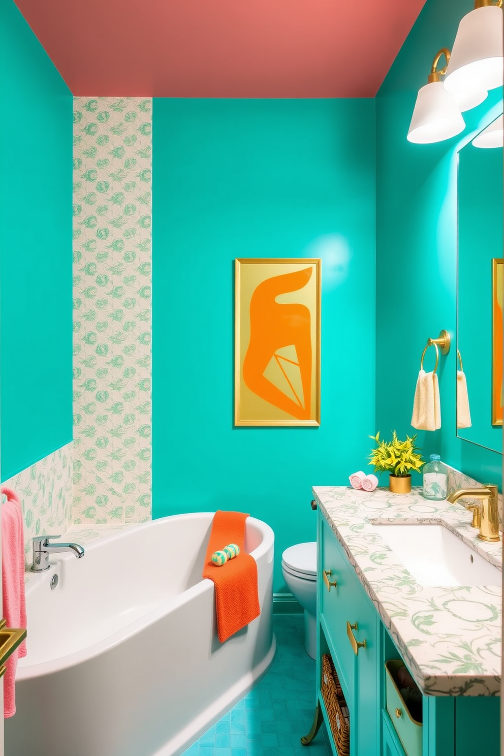 A vibrant bathroom featuring bright turquoise walls that energize the space. The room includes a sleek white bathtub with modern fixtures and colorful accessories that complement the turquoise hue. The vanity is adorned with a playful patterned countertop and stylish storage solutions. Accents of gold and natural wood create a warm contrast, enhancing the fun and inviting atmosphere.