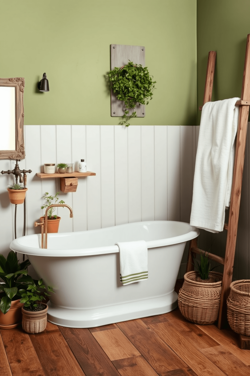 A rustic bathroom setting inspired by olive tones. The walls are painted in a soft olive green, complemented by vintage wooden accents and fixtures. The flooring features reclaimed wood planks that add warmth and character. A freestanding bathtub with an antique brass faucet sits against one wall, surrounded by potted plants for a natural feel. Decorative elements include a distressed wooden mirror and woven baskets for storage. Soft white towels are neatly arranged on a rustic ladder, enhancing the vintage charm.