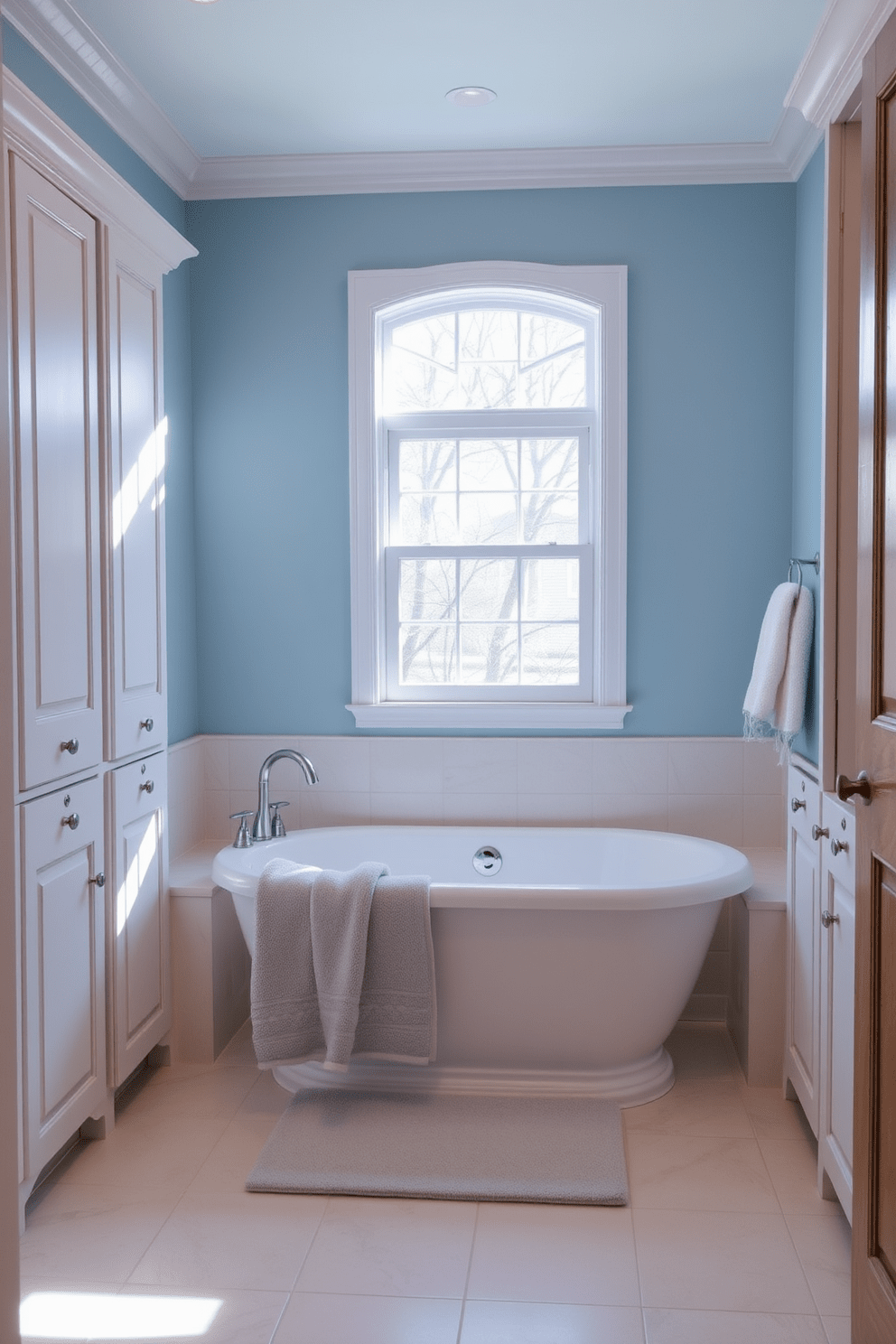 A serene bathroom setting featuring calming sky blue walls that evoke a sense of tranquility. The space is complemented by white cabinetry and natural wood accents, creating a soothing atmosphere. Soft, diffused lighting enhances the peaceful ambiance, while plush towels in coordinating shades add comfort. A large soaking tub sits beneath a window, inviting relaxation and rejuvenation.