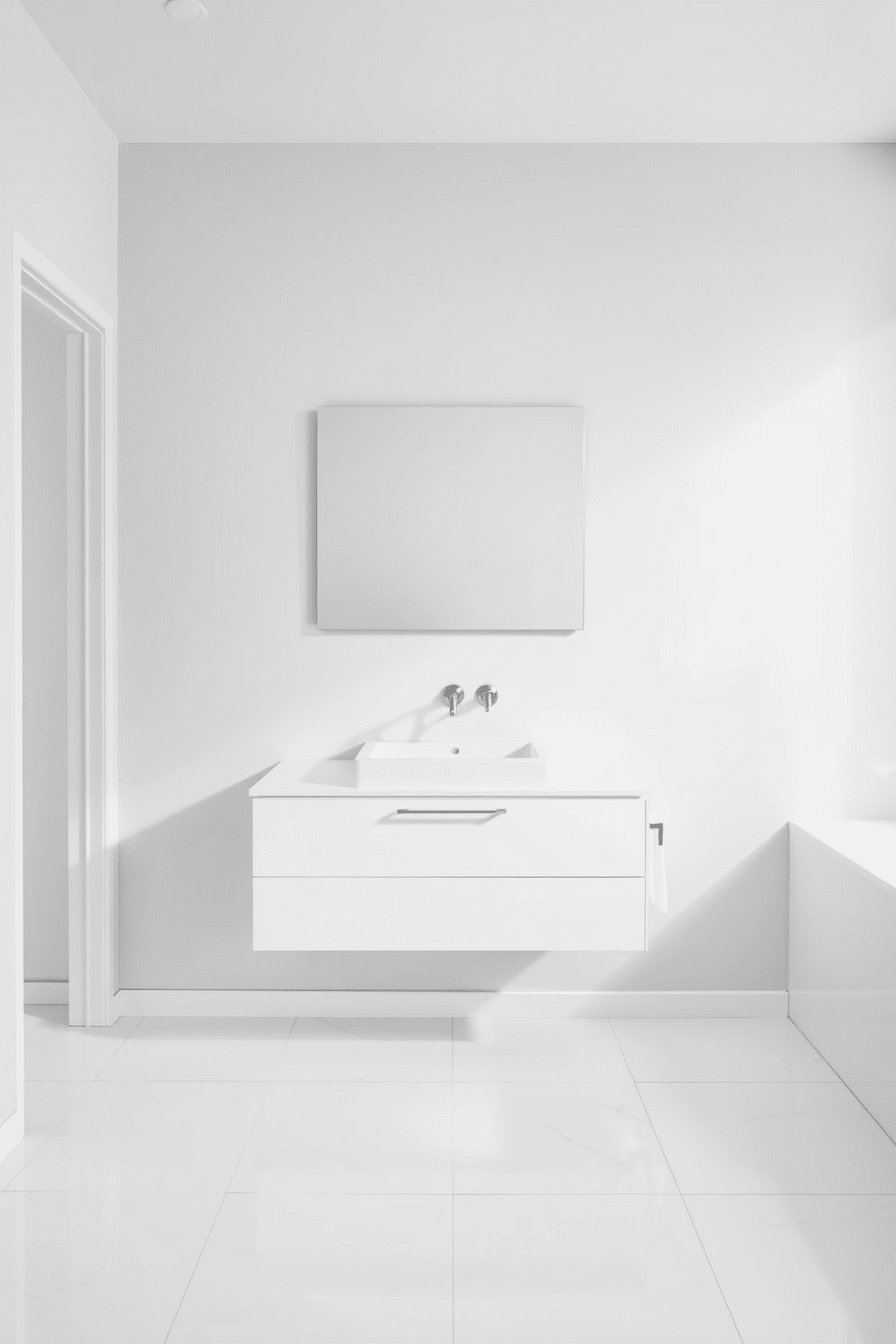 A minimalist bathroom featuring pale gray walls that create a serene and spacious atmosphere. The floor is adorned with large white tiles that enhance the bright and airy feel of the space. A sleek, wall-mounted vanity in white with a simple rectangular sink sits below a frameless mirror. Subtle accents of chrome in the faucet and towel rack add a touch of elegance without overwhelming the design.