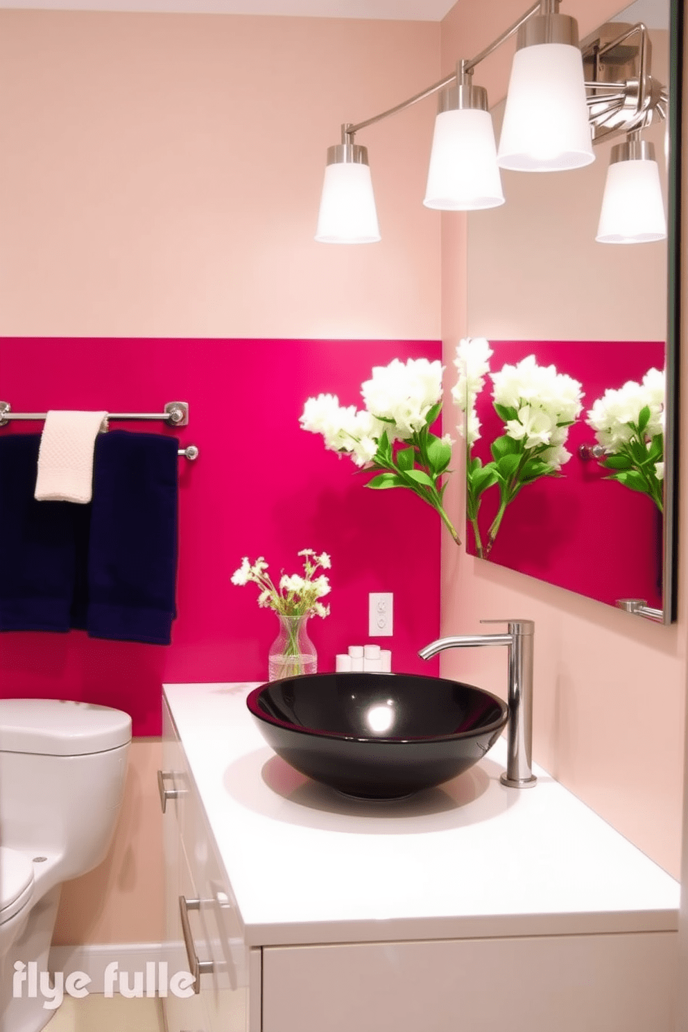 A vibrant bathroom featuring Radiant Raspberry as an accent color. The walls are painted in a soft neutral shade, while the Radiant Raspberry is used on a statement wall or decorative elements. The vanity is sleek and modern, with a glossy white finish and a stylish vessel sink. Complementing the bold accent, metallic fixtures and accessories add a touch of elegance.