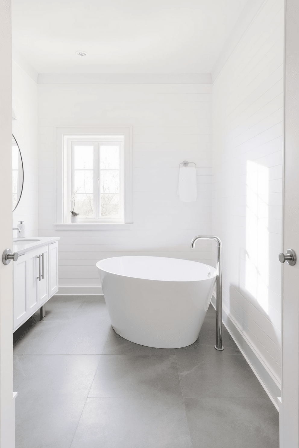 A bright and airy bathroom featuring crisp white walls that create a clean and modern atmosphere. The space is enhanced by a sleek freestanding bathtub positioned under a large window, allowing natural light to flood in. The floor is adorned with large grey tiles that add a subtle contrast to the white decor. Elegant chrome fixtures and a minimalist vanity with a round mirror complete the sophisticated look of this serene bathroom retreat.