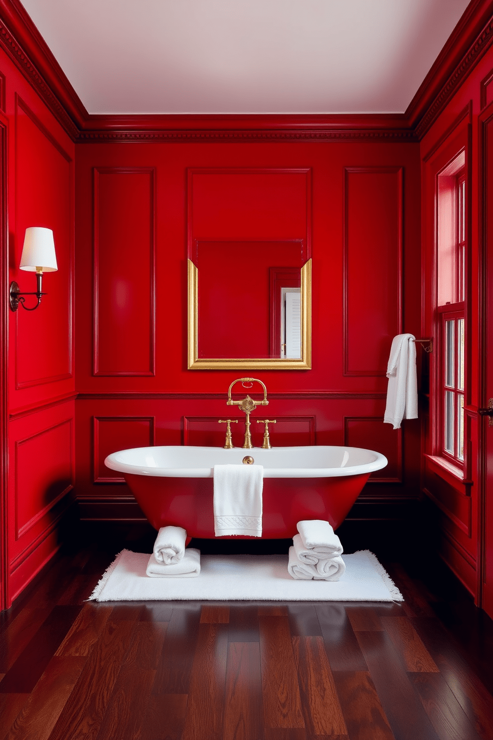 A classic red bathroom setting exudes dramatic flair and sophistication. The walls are painted in a rich crimson hue, creating a bold backdrop for elegant fixtures and decor. A freestanding soaking tub sits against one wall, surrounded by plush white towels and a sleek gold faucet. The floor features dark hardwood that contrasts beautifully with the vibrant red walls, adding warmth to the space.