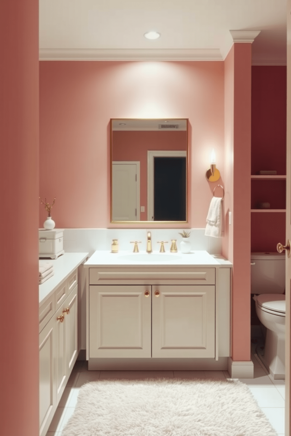 A serene bathroom ambiance featuring dusty pink walls that evoke a sense of elegance. The space is complemented by white cabinetry and gold accents, creating a harmonious balance of color and style. Soft lighting illuminates the room, enhancing the warmth of the dusty pink tones. A plush area rug in a neutral shade adds comfort underfoot, inviting relaxation and tranquility.