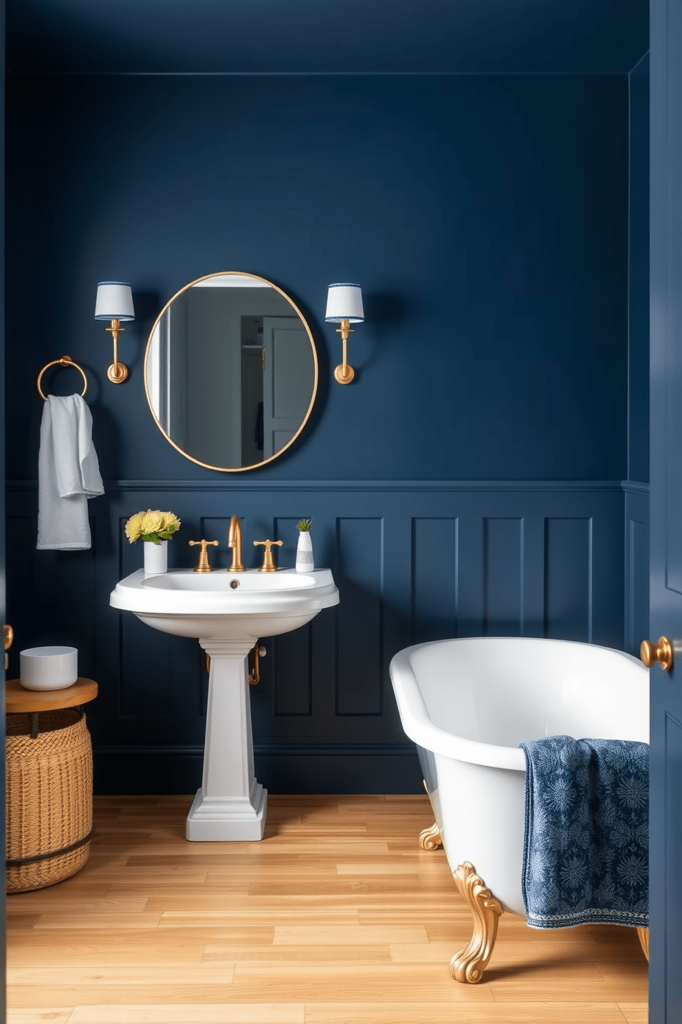 A classic navy blue bathroom exudes elegance and sophistication. The deep hue creates a striking backdrop for white fixtures and natural wood accents. Consider pairing navy blue walls with a crisp white freestanding bathtub. Add gold or brass hardware for a touch of luxury and warmth.