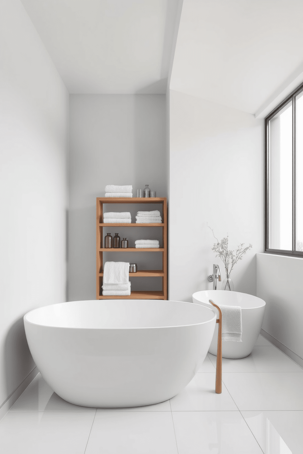 A modern bathroom featuring light gray walls that create a sleek and airy atmosphere. The space includes a freestanding soaking tub with a minimalist design and a large window that allows natural light to flood in. The floor is adorned with large white tiles that contrast beautifully with the light gray walls. A stylish wooden shelving unit holds neatly folded towels and decorative items, adding warmth to the contemporary space.