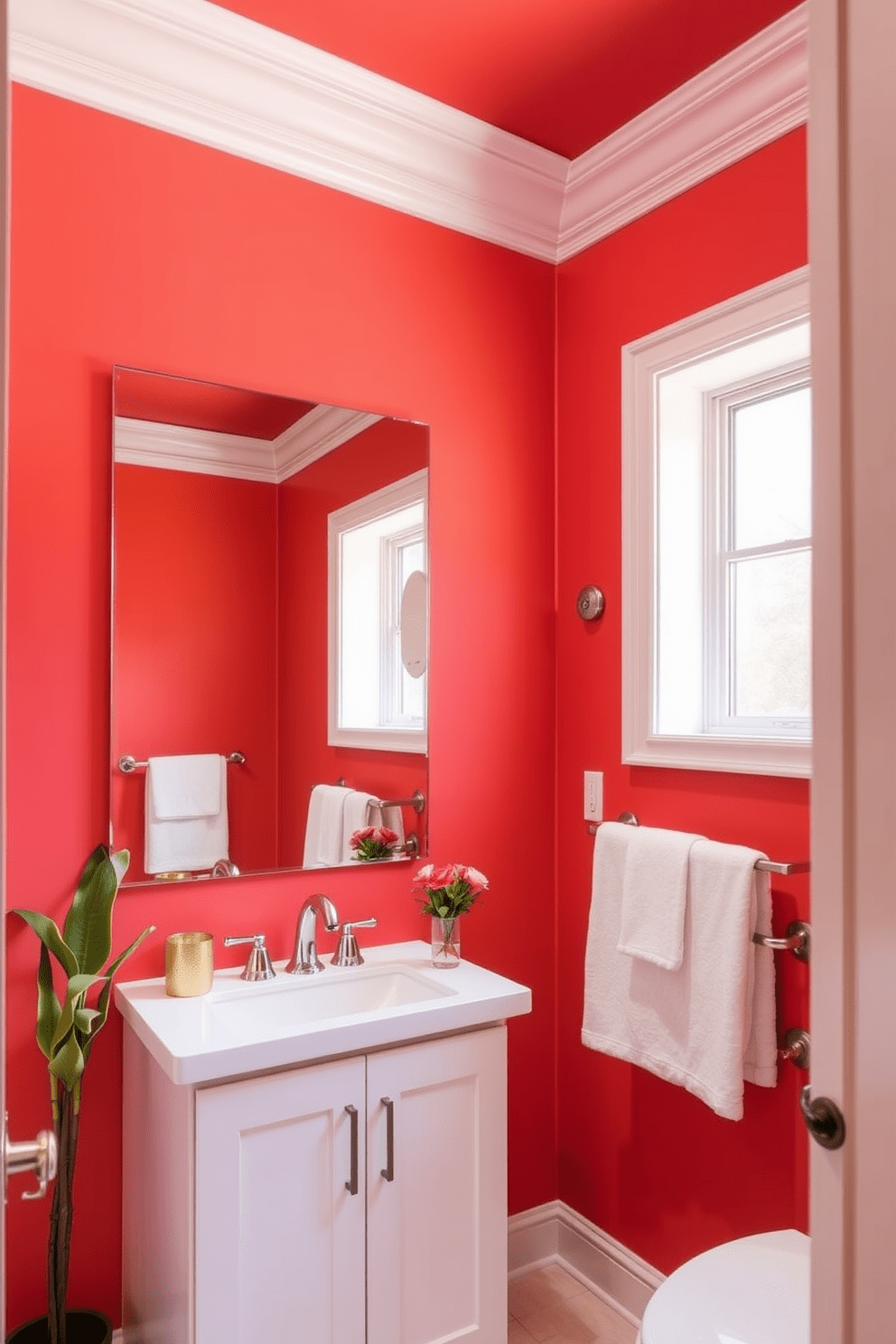 Bright Coral for a cheerful atmosphere. The walls are painted in a vibrant coral hue that instantly uplifts the space and creates a warm ambiance. The ceiling is adorned with crisp white crown molding that adds elegance. Complementing the coral walls, a sleek white vanity with a polished chrome faucet enhances the modern feel of the bathroom.