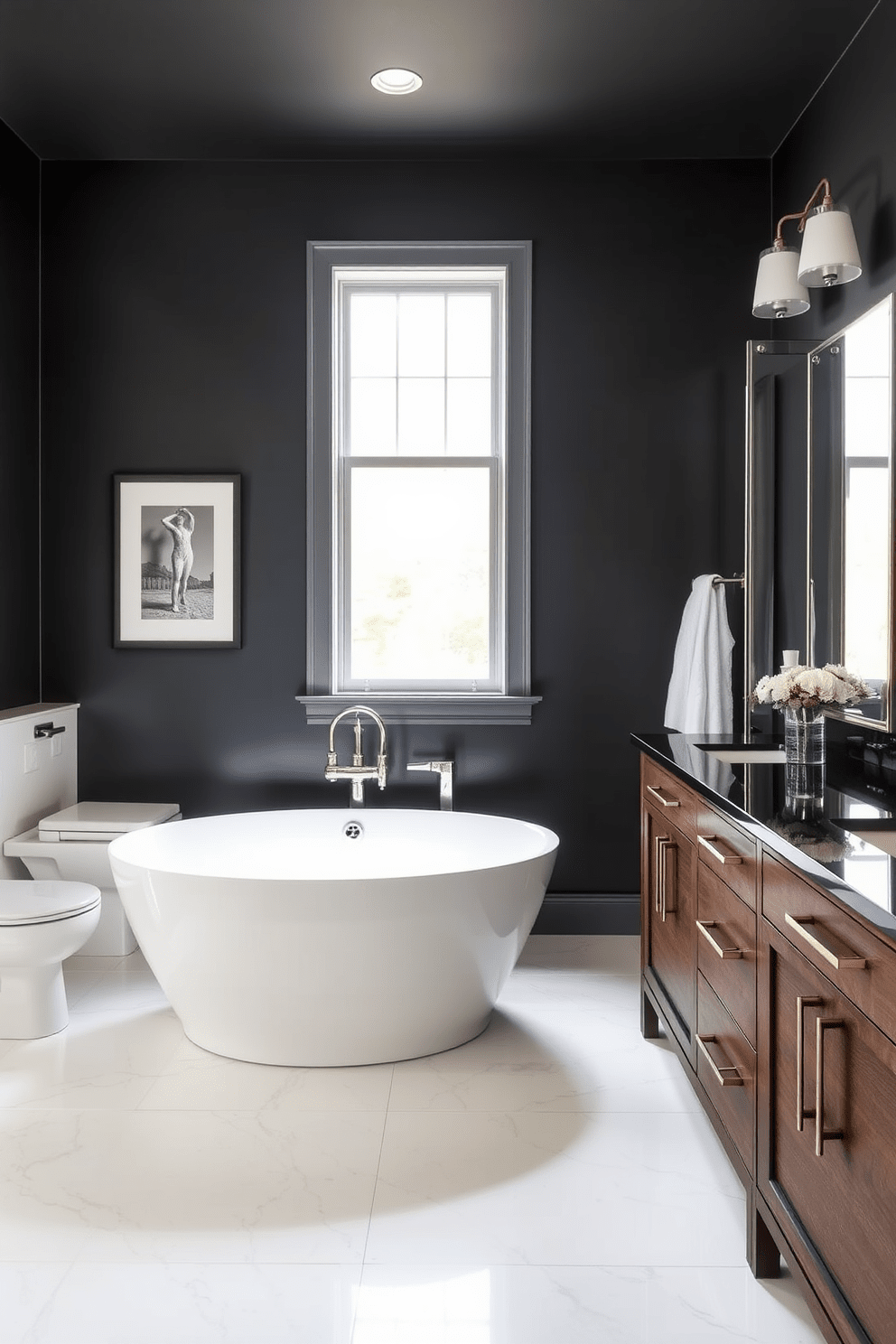 A luxurious bathroom featuring rich charcoal walls that create a dramatic contrast with the lighter elements in the space. The color scheme is complemented by sleek white fixtures and elegant accents in brushed nickel. The design incorporates a freestanding soaking tub positioned under a large window, allowing natural light to flood the room. A stylish double vanity with a dark wood finish adds warmth and sophistication to the overall aesthetic.