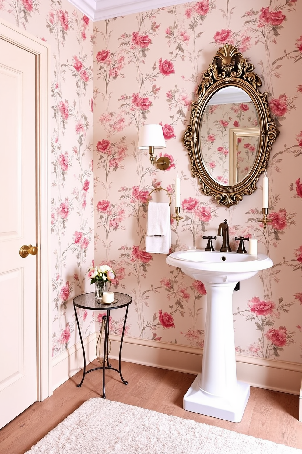 Elegant wallpaper with floral patterns adorns the walls of a stylish powder room. A chic pedestal sink with a vintage faucet complements the design, while a round mirror with an ornate frame enhances the elegance of the space. The floor is covered in a soft, neutral-toned rug that adds warmth and comfort. Delicate accessories, such as a small vase with fresh flowers and scented candles, complete the inviting atmosphere.