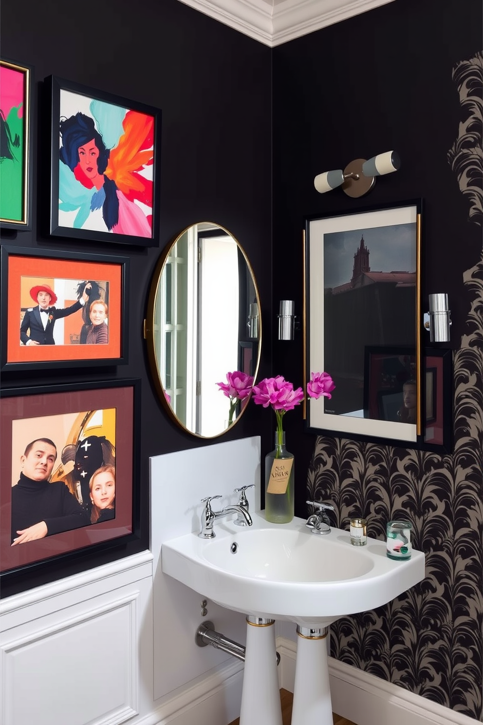 Artistic wall art that reflects personal style. The walls are adorned with vibrant abstract paintings and framed photographs that create a dynamic focal point. A stylish powder room that combines elegance with functionality. The space features a chic pedestal sink, a wall-mounted mirror, and a striking wallpaper with a bold pattern.