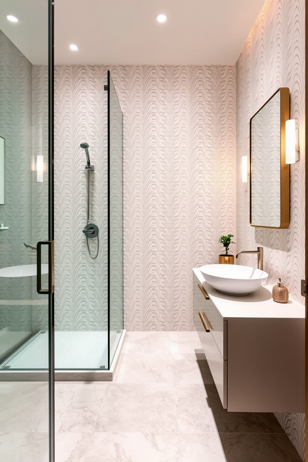 A modern powder room featuring a glass shower enclosure that enhances the sense of openness. The walls are adorned with elegant wallpaper in soft pastels, complemented by a sleek floating vanity with a chic vessel sink. The floor is covered in large format tiles with a subtle texture for added interest. Decorative elements include a stylish mirror with a minimalist frame and a small potted plant on the vanity for a touch of greenery.