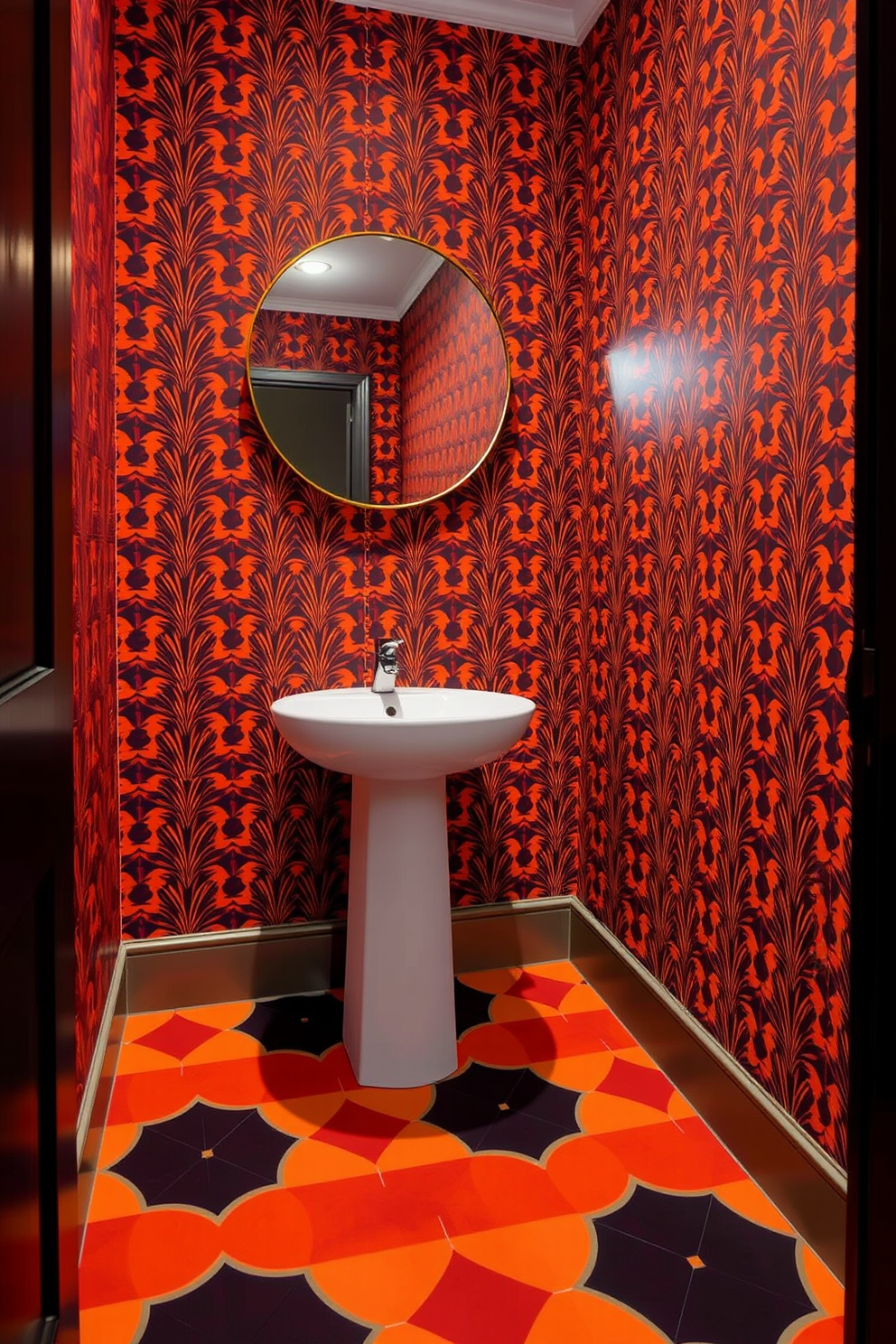 A stylish powder room featuring bold geometric patterns on the floor. The walls are adorned with a vibrant wallpaper that complements the striking floor design. A sleek pedestal sink with a modern faucet is positioned against one wall. Above the sink, a round mirror with a minimalist frame reflects the dynamic patterns below.