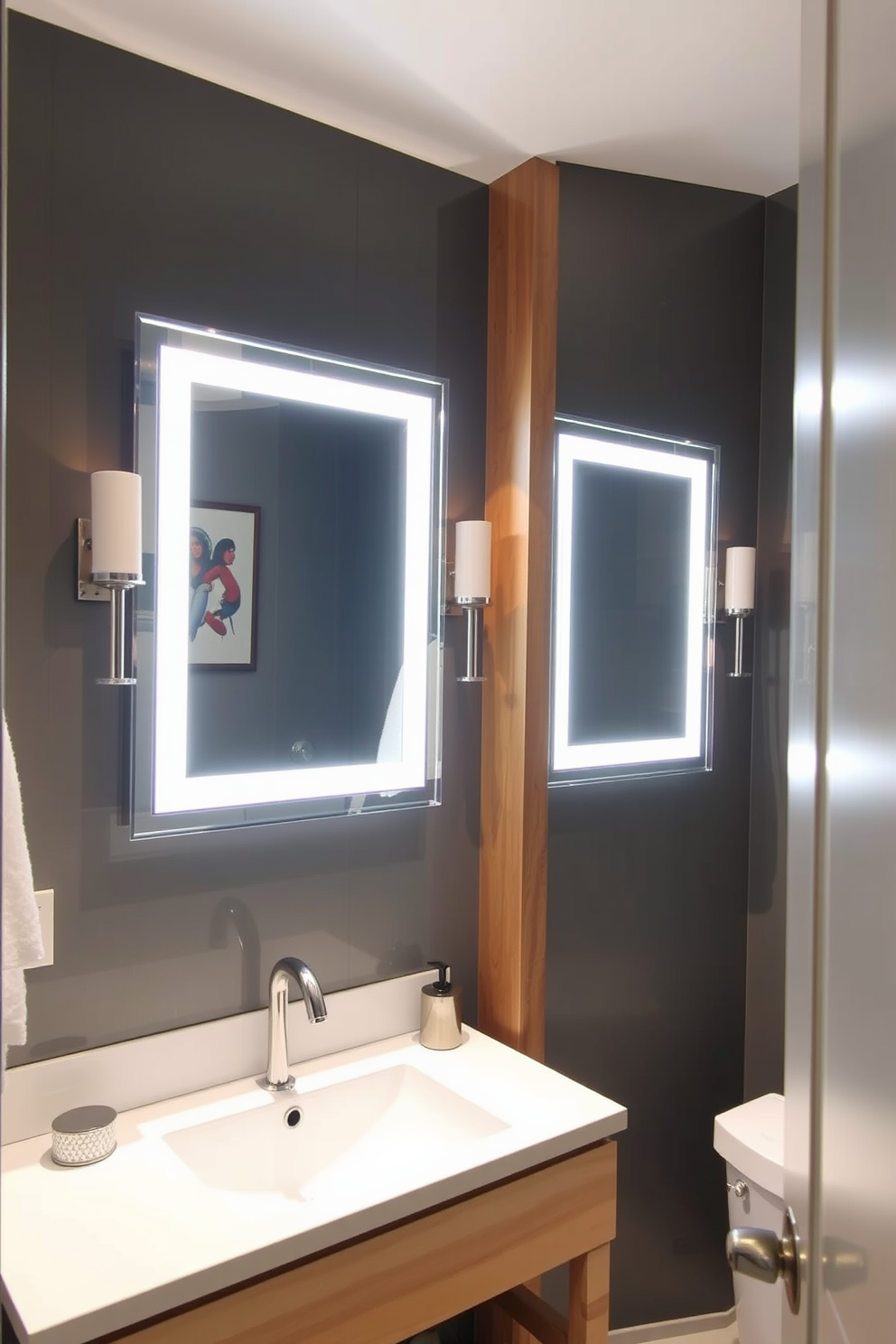 A stylish bathroom powder room featuring integrated lighting within the mirrors. The soft glow from the mirrors enhances the ambiance while highlighting the elegant fixtures and finishes.