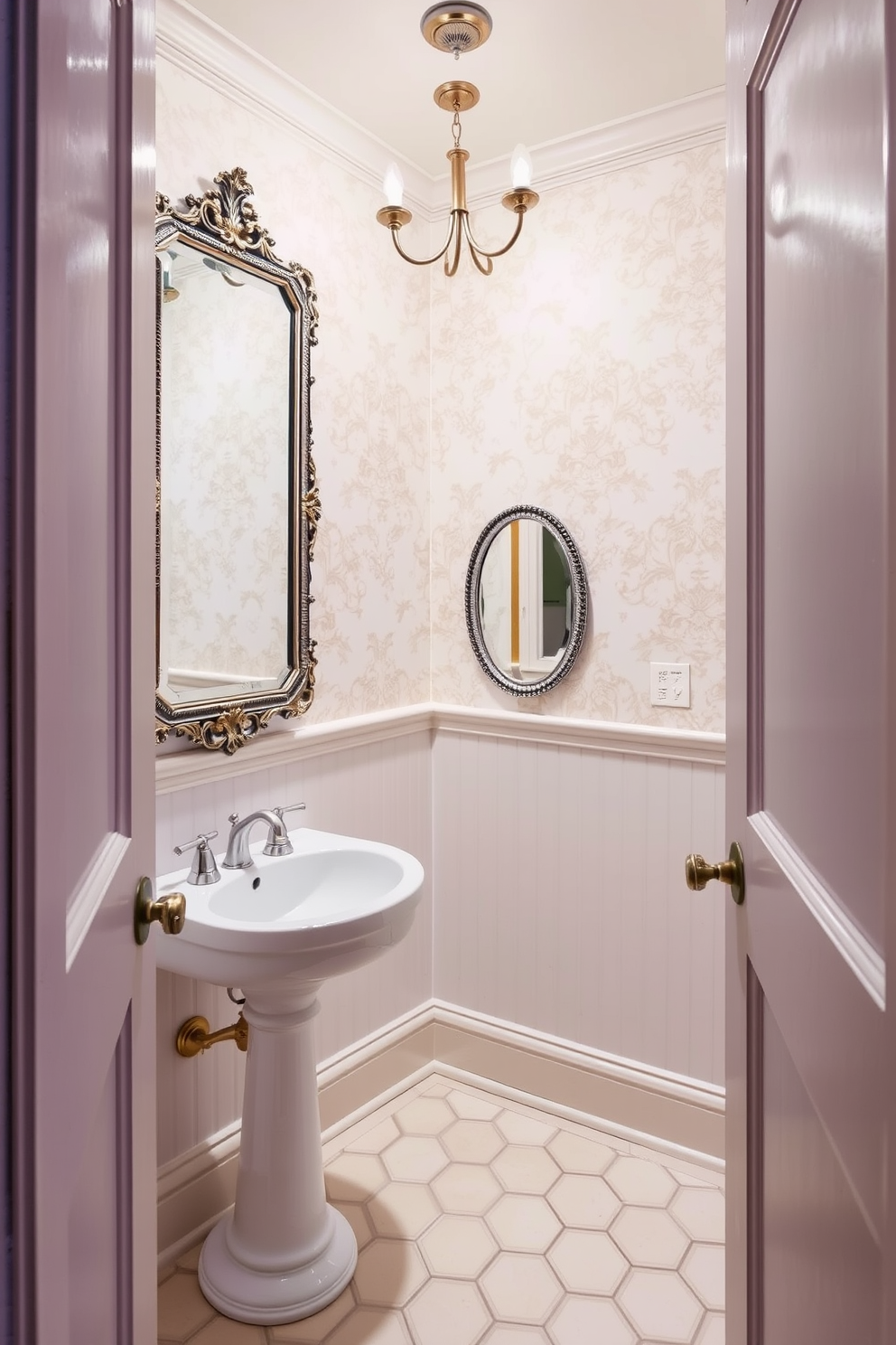 A charming powder room featuring vintage mirrors that enhance the sense of depth in the space. The walls are adorned with a soft pastel wallpaper, and the floor is laid with elegant hexagonal tiles.