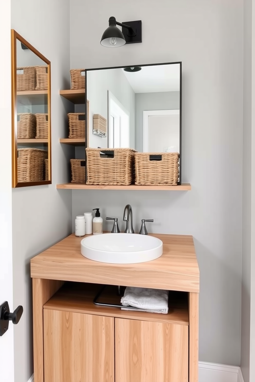 Creative storage solutions with baskets. A stylish powder room features a sleek wooden vanity with an under-sink cabinet. Natural fiber baskets are neatly arranged on shelves, providing both organization and aesthetic appeal. The walls are adorned with light gray paint, complemented by a modern mirror with a minimalist frame.