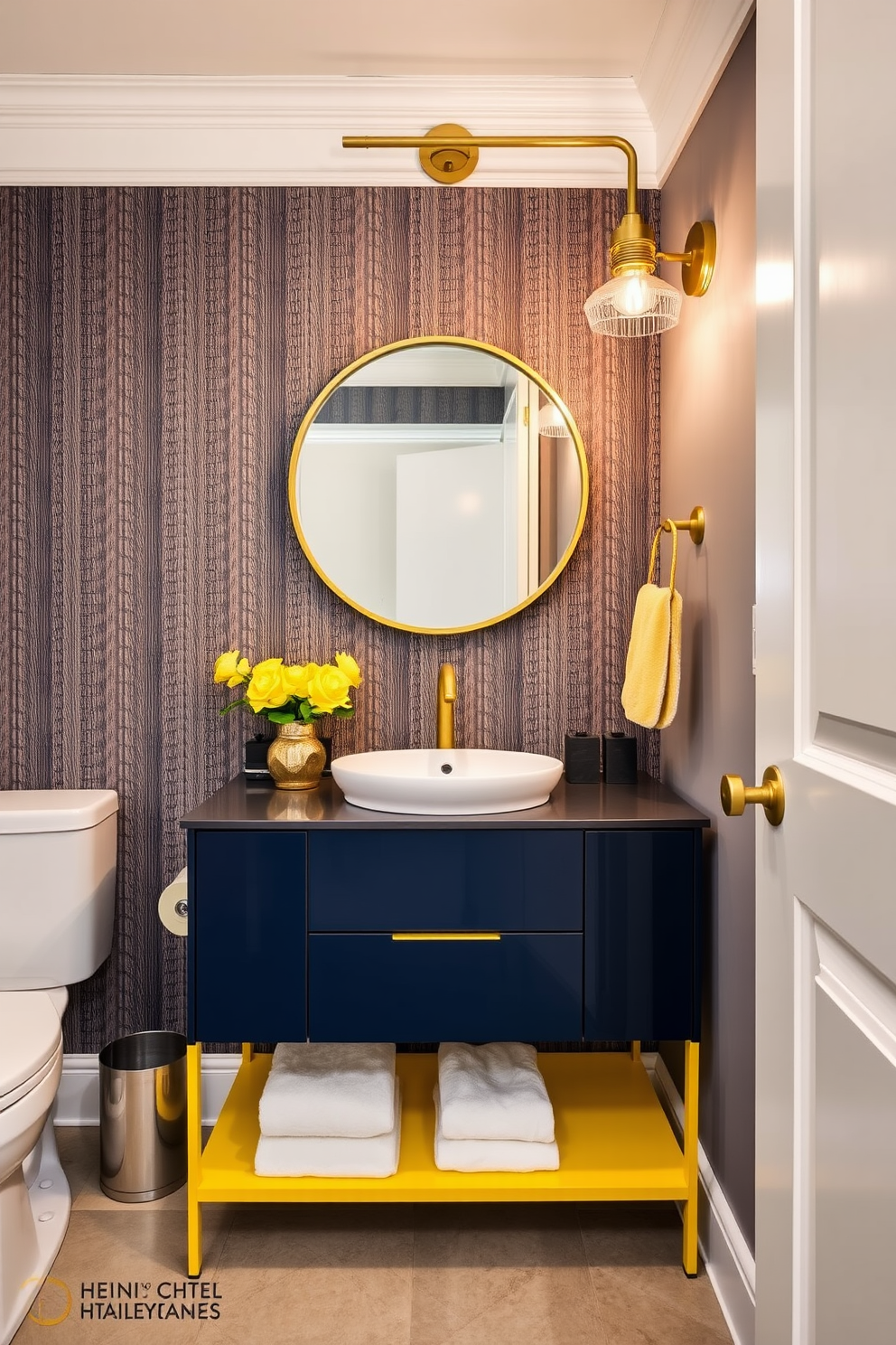 A stylish powder room featuring a sleek vanity with bold color accents, such as deep navy blue and bright yellow. The walls are adorned with a textured wallpaper that complements the vibrant hues of the vanity. The space includes a round mirror with a modern gold frame above the sink. Elegant lighting fixtures in brushed brass provide a warm glow, enhancing the overall ambiance of the room.