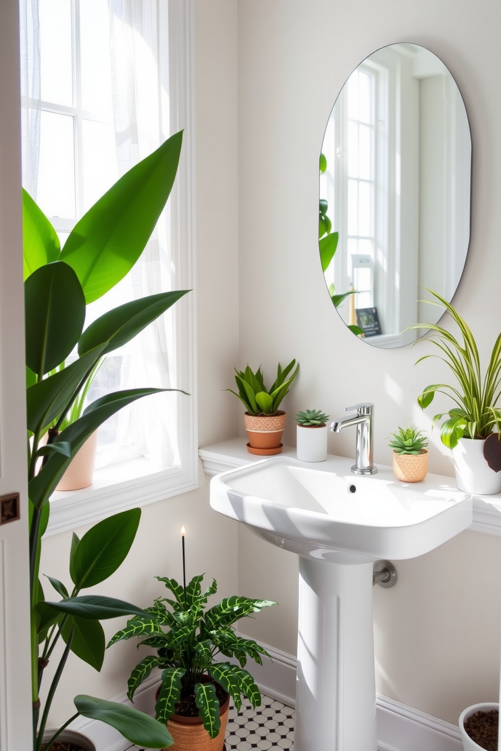 Bright plants for a fresh touch in a stylish bathroom powder room. The space features a sleek white pedestal sink with a modern faucet, surrounded by vibrant greenery in decorative pots. Natural light floods in through a large window adorned with sheer curtains, enhancing the airy feel. The walls are painted in a soft pastel hue, complementing the lush foliage and creating a tranquil atmosphere.