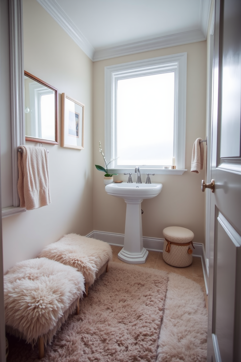 A cozy powder room featuring soft, plush rugs that add comfort and warmth to the space. The walls are painted in a soft pastel color, and a stylish pedestal sink is complemented by elegant fixtures. Natural light filters through a frosted window, creating a serene atmosphere. Decorative elements like a small potted plant and scented candles enhance the inviting ambiance.