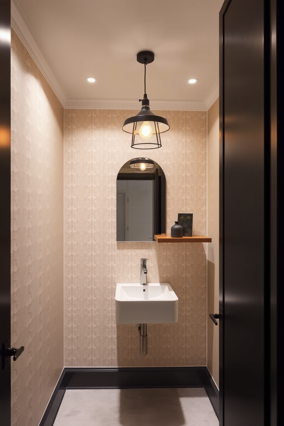 A bathroom powder room featuring layered lighting that enhances the ambiance and functionality. Soft recessed lights illuminate the space while a stylish pendant light hangs above the vanity, creating a warm glow. The design includes a sleek wall-mounted sink with a modern faucet and a floating wooden shelf for decorative items. The walls are adorned with elegant wallpaper in a subtle pattern, and the floor is covered with chic hexagonal tiles.