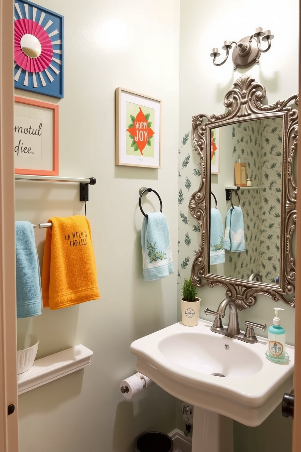 A playful powder room filled with whimsical accessories that bring joy and character to the space. Colorful towels, quirky soap dispensers, and fun wall art create an inviting atmosphere. The walls are painted in a soft pastel hue, complemented by a charming patterned wallpaper on one accent wall. A unique mirror with an ornate frame adds a touch of elegance, while a small potted plant brings a hint of nature indoors.