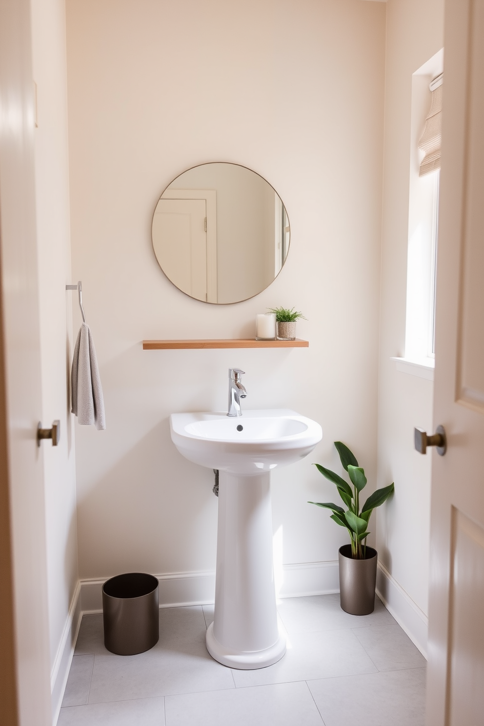 A serene bathroom powder room with neutral tones creating a calming atmosphere. The walls are painted in soft beige, complemented by a light gray tiled floor. A stylish pedestal sink sits in the center, adorned with a sleek chrome faucet. Above the sink, a round mirror with a minimalist frame reflects the natural light coming from a nearby window. A small wooden shelf holds neatly folded towels and a decorative candle. Potted greenery adds a touch of freshness to the space, enhancing the tranquil vibe.