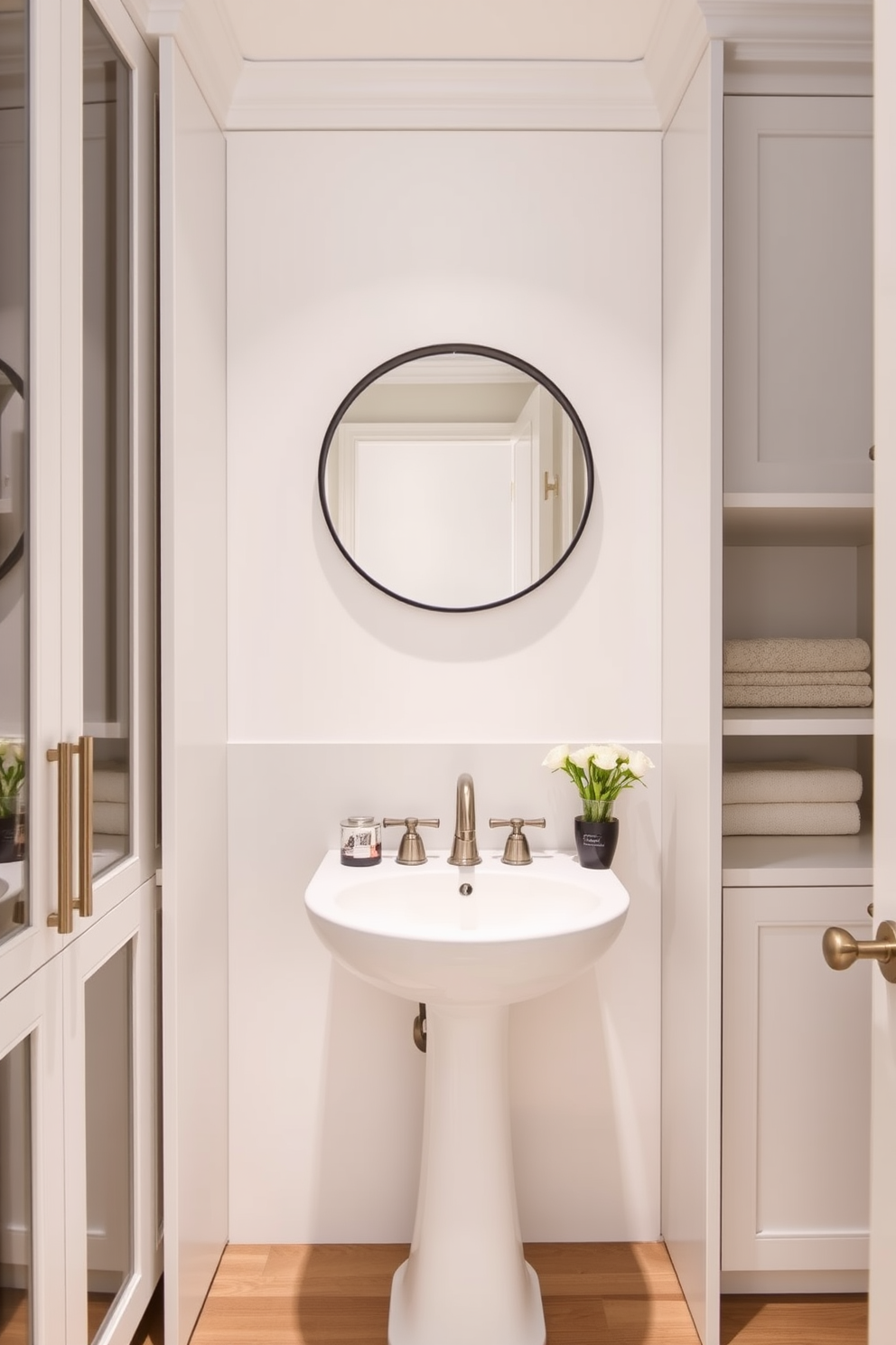 Custom cabinetry designed to maximize space features elegant, floor-to-ceiling storage with sleek, minimalist doors. The cabinetry is painted in a soft white hue, creating a bright and airy atmosphere in the bathroom. The powder room showcases a stylish pedestal sink complemented by a brushed nickel faucet. A large round mirror with a thin black frame hangs above the sink, enhancing the room's modern aesthetic.