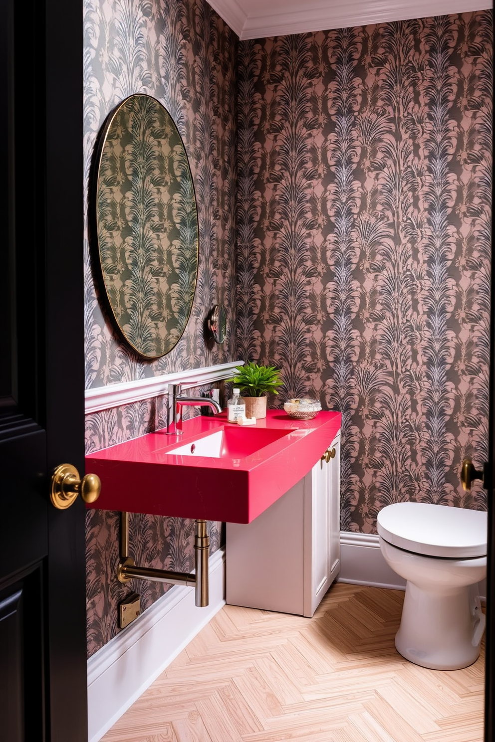 A stylish bathroom powder room featuring unique faucets that serve as statement pieces. The walls are adorned with elegant wallpaper, and the flooring is a chic herringbone pattern in light wood. The sink area boasts a sleek countertop with a vibrant color that contrasts beautifully with the fixtures. Decorative elements such as a small potted plant and artisan soap add a touch of personality to the space.