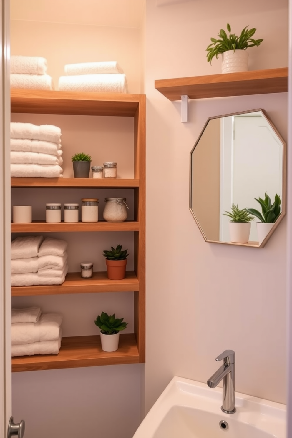 Open shelving creates an inviting atmosphere in the bathroom powder room. The shelves are filled with neatly arranged towels, decorative jars, and potted plants, enhancing both functionality and aesthetics. The walls are painted in a soft pastel hue, complementing the warm wood tones of the open shelves. A chic mirror with a minimalist frame is mounted above a sleek vanity, adding a touch of elegance to the space.