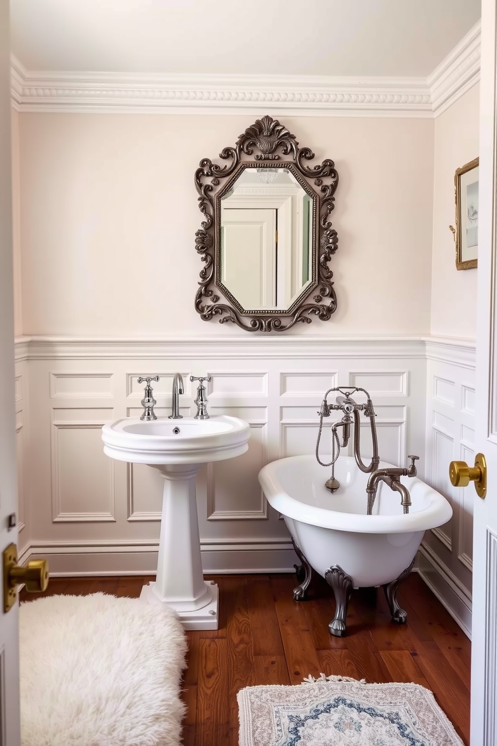 A vintage-inspired powder room featuring elegant fixtures that evoke classic charm. The space includes a pedestal sink with a polished chrome faucet and a freestanding clawfoot bathtub adorned with vintage-style fixtures. The walls are painted in a soft pastel color, complemented by intricate wainscoting. A decorative mirror with an ornate frame hangs above the sink, and a plush area rug adds warmth to the wooden floor.