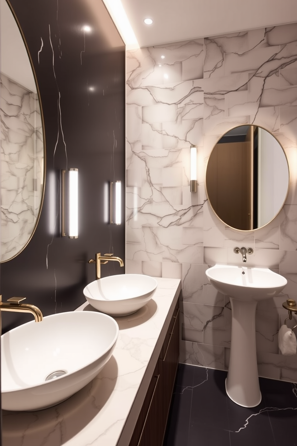 Create a bathroom powder room featuring unique sink designs that serve as statement pieces. The space should highlight innovative shapes and materials, with elegant lighting that accentuates the sinks' features.