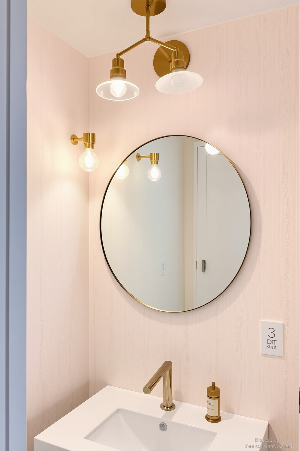 Chic pendant lighting illuminates the bathroom powder room, casting a warm glow over the elegant space. The fixtures feature a modern design with a brushed brass finish, hanging gracefully above a sleek, minimalist sink. The walls are adorned with soft, textured wallpaper in a light neutral tone, enhancing the room's sophistication. A large round mirror reflects the ambient light, making the space feel brighter and more inviting.