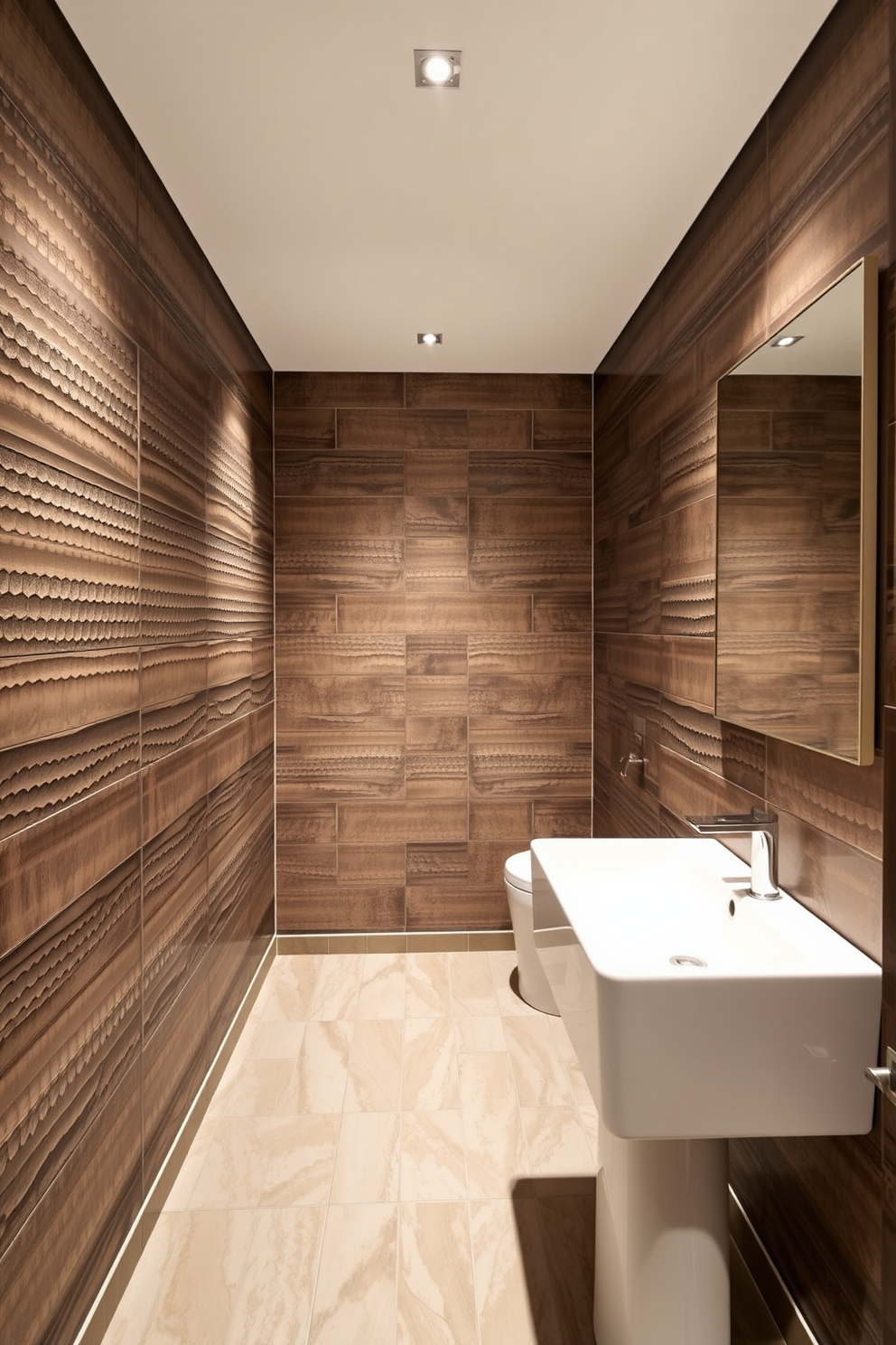 A stylish powder room featuring textured tiles that create visual interest on the walls. The floor is adorned with a contrasting tile pattern, enhancing the room's elegance and depth. A sleek pedestal sink is complemented by a modern mirror with clean lines. Soft ambient lighting highlights the rich textures of the tiles, creating a warm and inviting atmosphere.