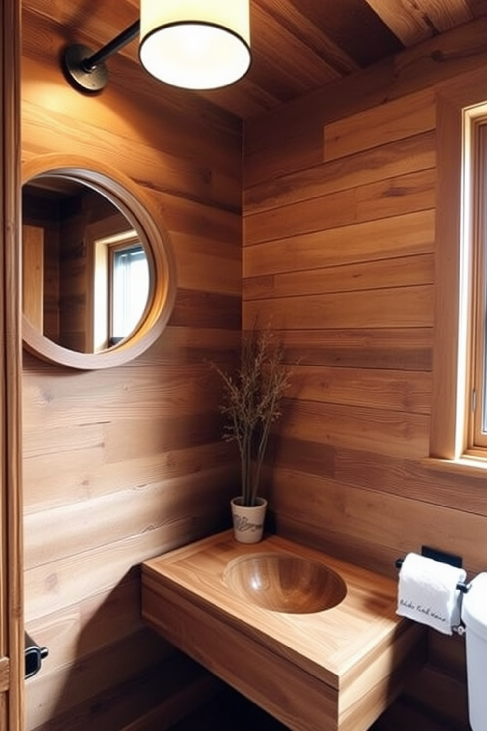 A cozy powder room featuring natural wood elements that create warmth and inviting ambiance. The walls are adorned with reclaimed wood paneling, and a floating wooden vanity adds a touch of rustic charm. Soft lighting fixtures complement the natural tones, casting a gentle glow throughout the space. A round mirror with a wooden frame hangs above the vanity, enhancing the organic feel of the room.