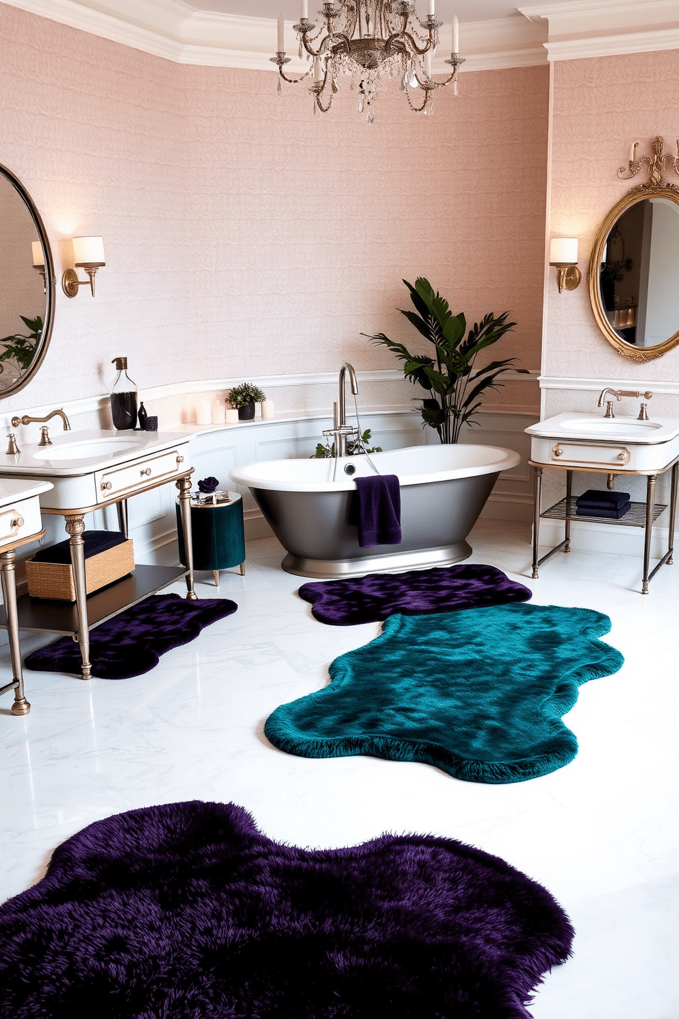 A luxurious bathroom featuring plush velvet rugs in rich jewel tones that add a touch of glam to the space. The rugs are strategically placed near the sinks and bathtub, complementing elegant fixtures and soft lighting. The overall design includes a contemporary freestanding bathtub surrounded by candles and potted plants. The walls are adorned with subtle wallpaper, enhancing the opulent feel while the velvet rugs provide warmth and comfort underfoot.