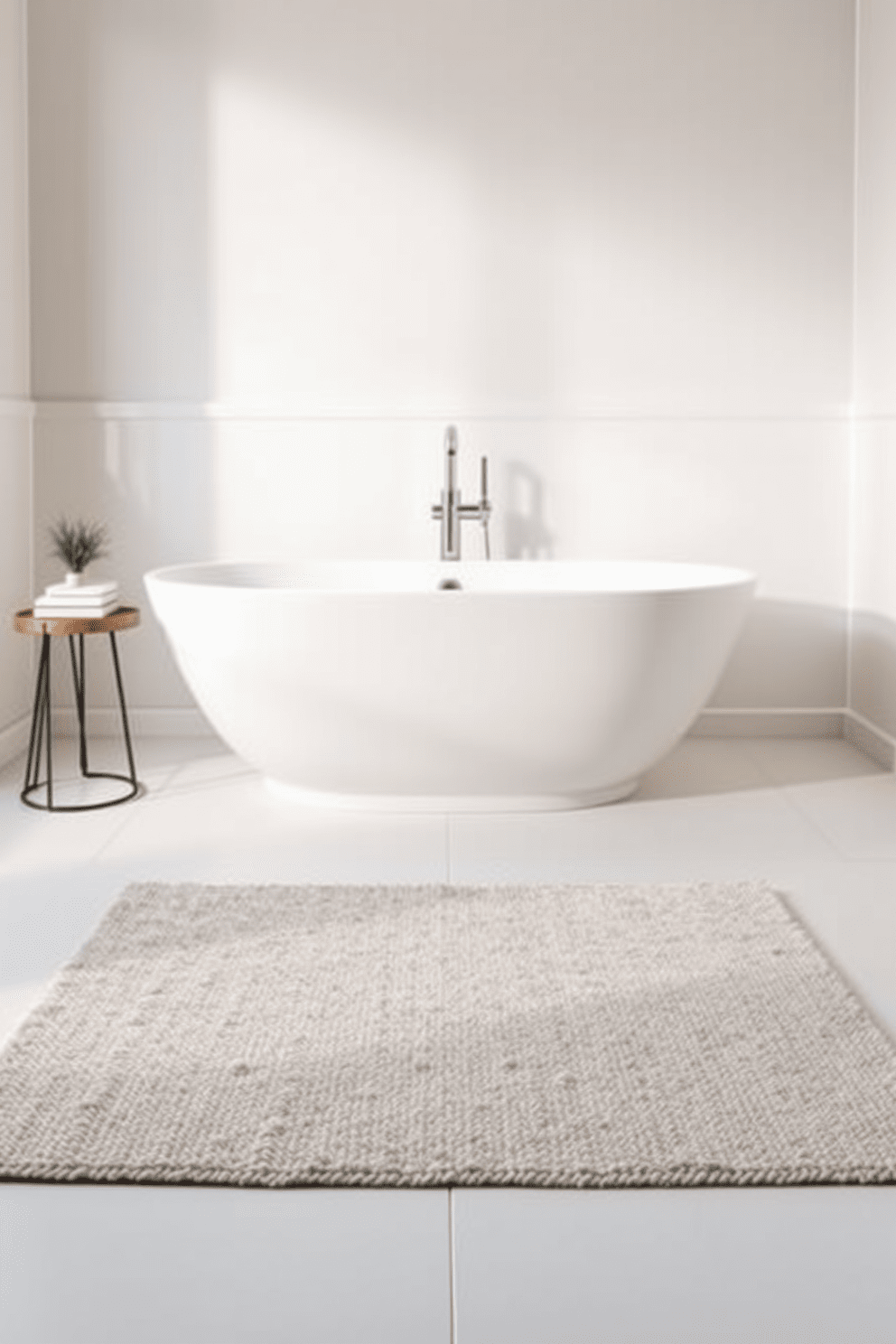 A minimalist bathroom rug design featuring a soft neutral color palette. The rug is rectangular with a subtle texture, placed in front of a modern freestanding bathtub. The surrounding decor includes clean lines and a few carefully selected accessories. A small potted plant adds a touch of greenery to the otherwise understated space.