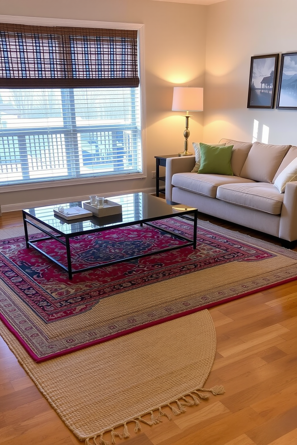 A cozy living room featuring layered rugs that add dynamic visual interest. The top rug is a vibrant Persian design, while the bottom rug is a neutral jute material, creating a warm and inviting atmosphere. The layered rugs are positioned under a sleek coffee table, enhancing the overall aesthetic of the space. A plush sofa in a complementary color rests nearby, inviting relaxation and comfort.