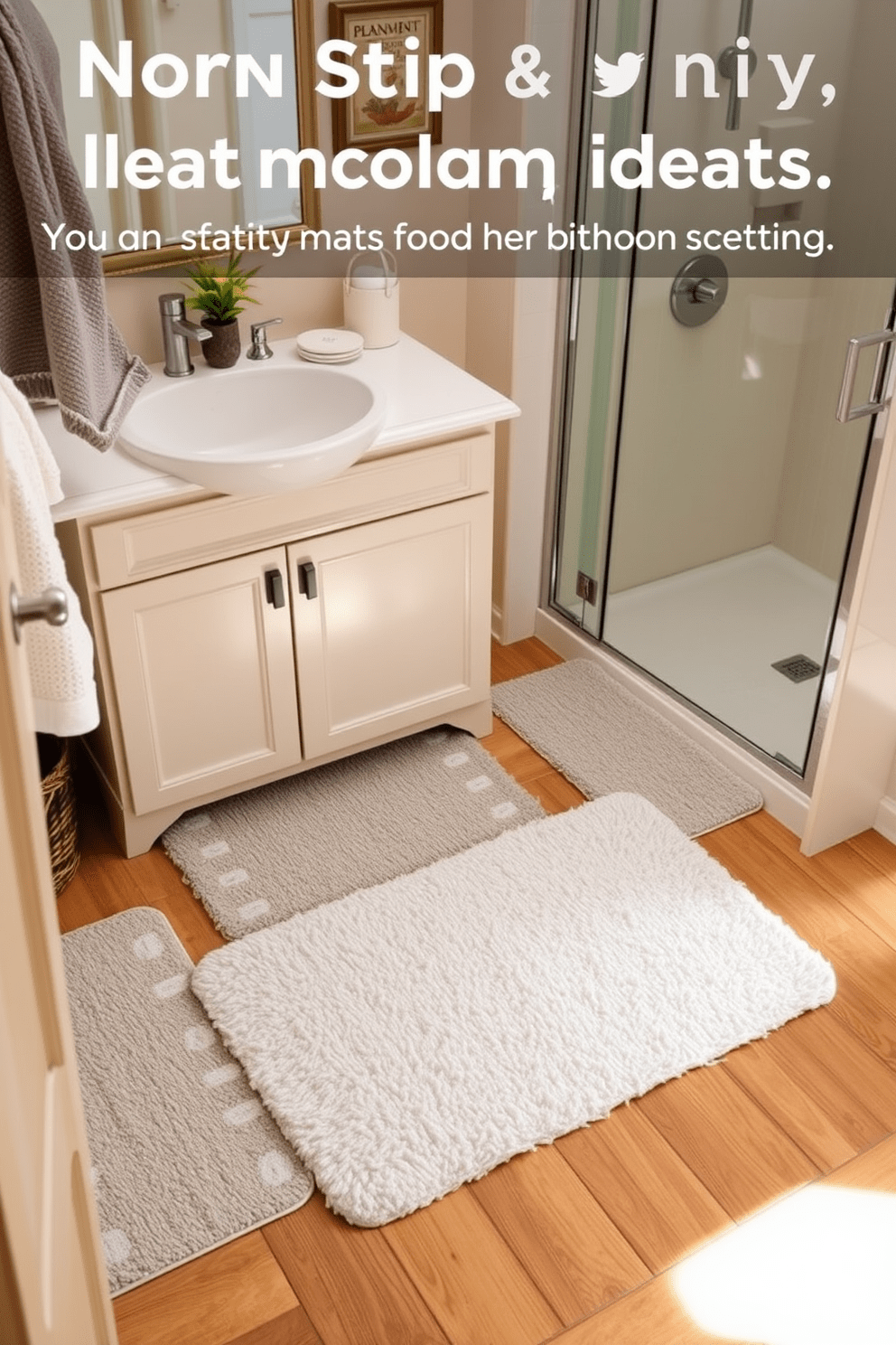 A cozy bathroom setting featuring non-slip mats that blend safety with style. The mats are designed in soft, neutral colors with subtle patterns to complement the overall decor while providing a secure footing. The bathroom rug is plush and inviting, positioned in front of the sink and shower area. It enhances the warmth of the space while ensuring a safe, slip-resistant surface for daily use.