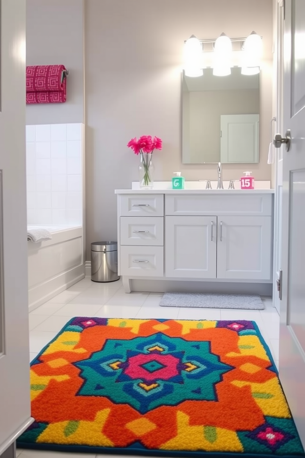 Bright colored mats to energize space. The bathroom features a vibrant area rug with a geometric pattern that adds a playful touch to the room. The rug is placed in front of a sleek white vanity with polished chrome fixtures. Surrounding the rug, the walls are painted in a soft gray, creating a beautiful contrast with the lively colors of the mat.