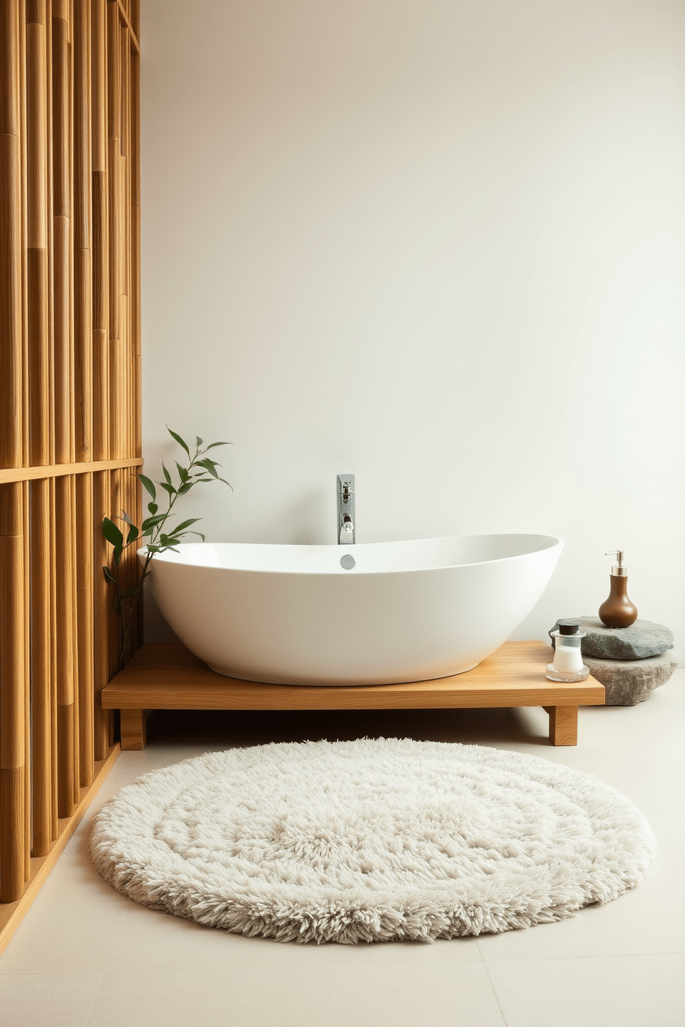 A serene bathroom setting that embodies Zen principles. Soft earth tones dominate the space, with natural materials like bamboo and stone enhancing the tranquil atmosphere. The focal point is a plush, neutral-colored bathroom rug that complements the wooden elements. Surrounding the rug are minimalistic accessories, including a small indoor plant and a simple, elegant soap dispenser.