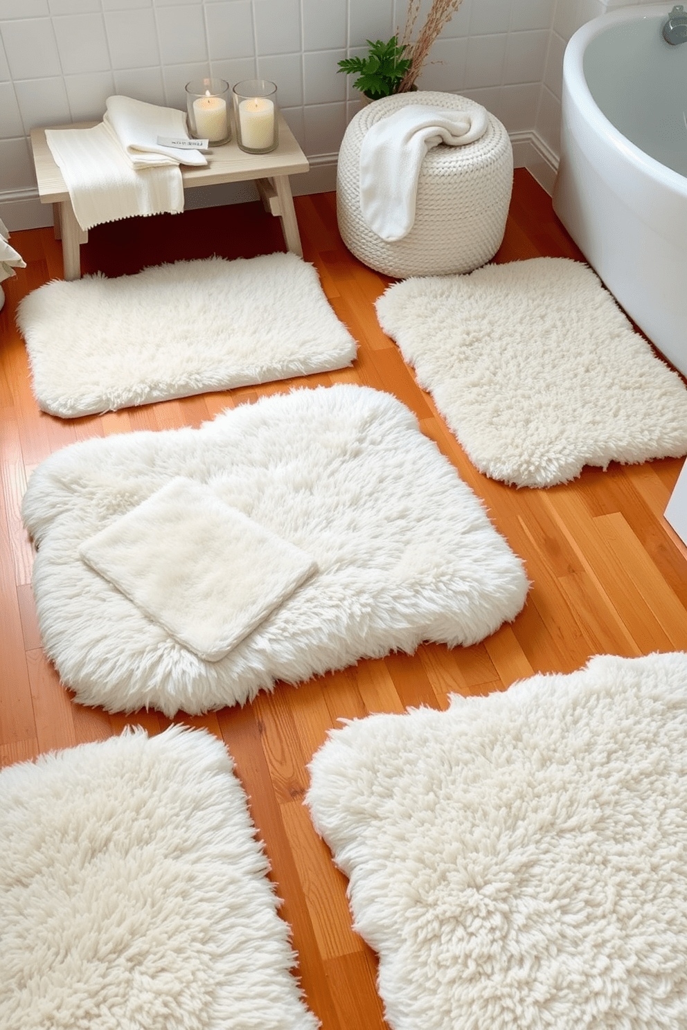 A cozy bathroom setting featuring soft plush rugs in various sizes and shapes. The rugs are layered on a warm wooden floor, adding texture and comfort to the space. The color palette includes neutral tones with pops of pastel for a serene atmosphere. Decorative elements like candles and small potted plants enhance the inviting feel of the room.