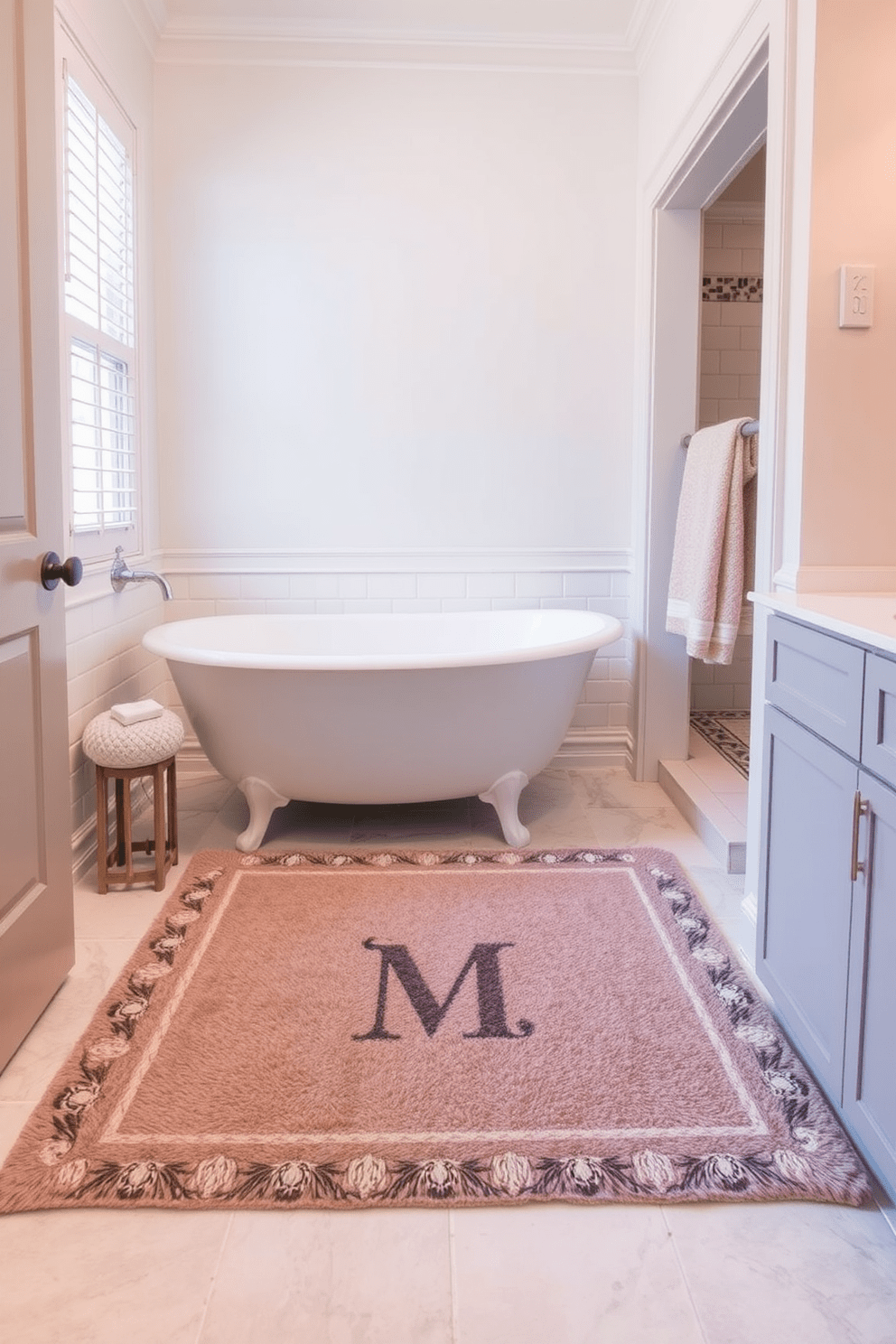 Custom monogrammed rugs add a personal touch to any bathroom space. Picture a plush rug featuring an elegant monogram in the center, surrounded by a subtle border that complements the bathroom's color scheme. Consider a design with soft, neutral tones that harmonize with the overall decor. The rug's texture is luxurious yet practical, providing comfort underfoot while enhancing the aesthetic appeal of the bathroom.