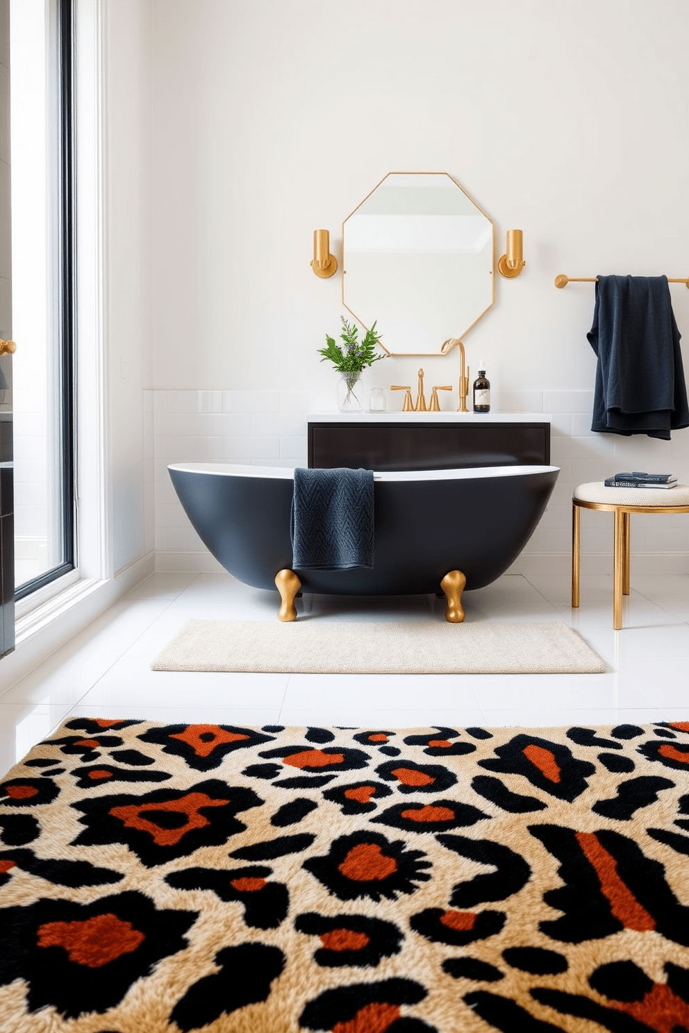 A vibrant bathroom featuring bold animal prints on a plush rug that adds a playful twist to the space. The rug is complemented by sleek white tiles and a contemporary freestanding tub that becomes the focal point of the room. The walls are painted in a soft neutral tone to enhance the lively patterns of the rug. Accents of gold in the fixtures and accessories bring a touch of luxury to the playful design.